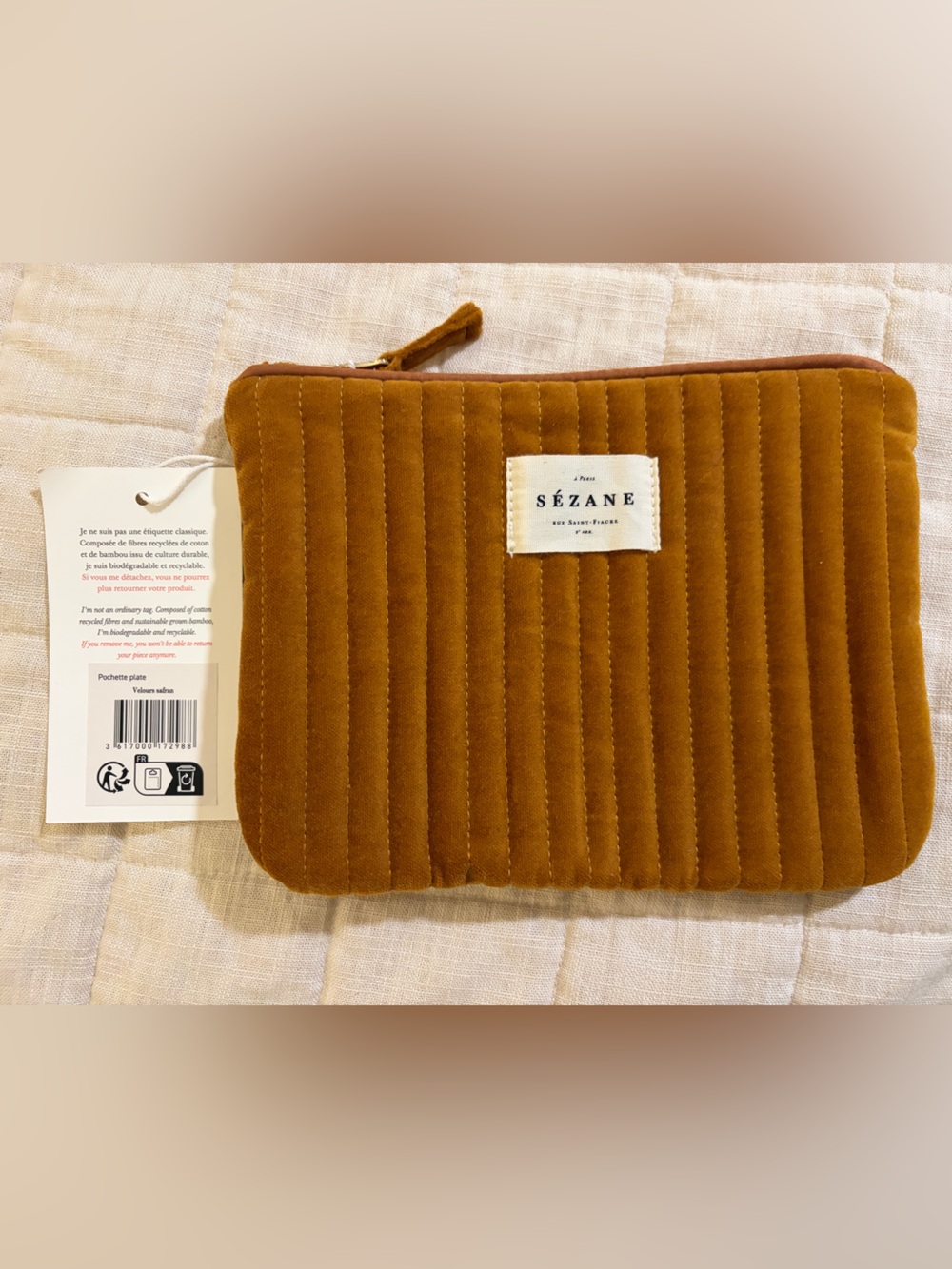 NWT Sezane ochre saffron yellow brown orange Quilted Velvet Pouch cosmetic bag